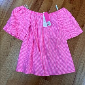 Lilly Pulitzer off the shoulder pink and white checkered shirt